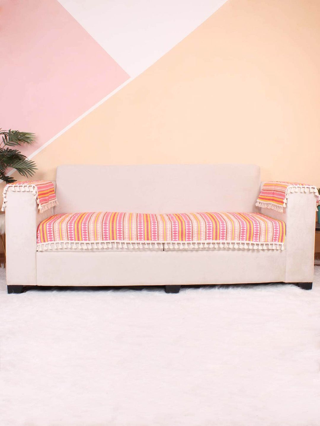 STITCHNEST Pink & Yellow Jacquard Printed 1-Seater Sofa Cover