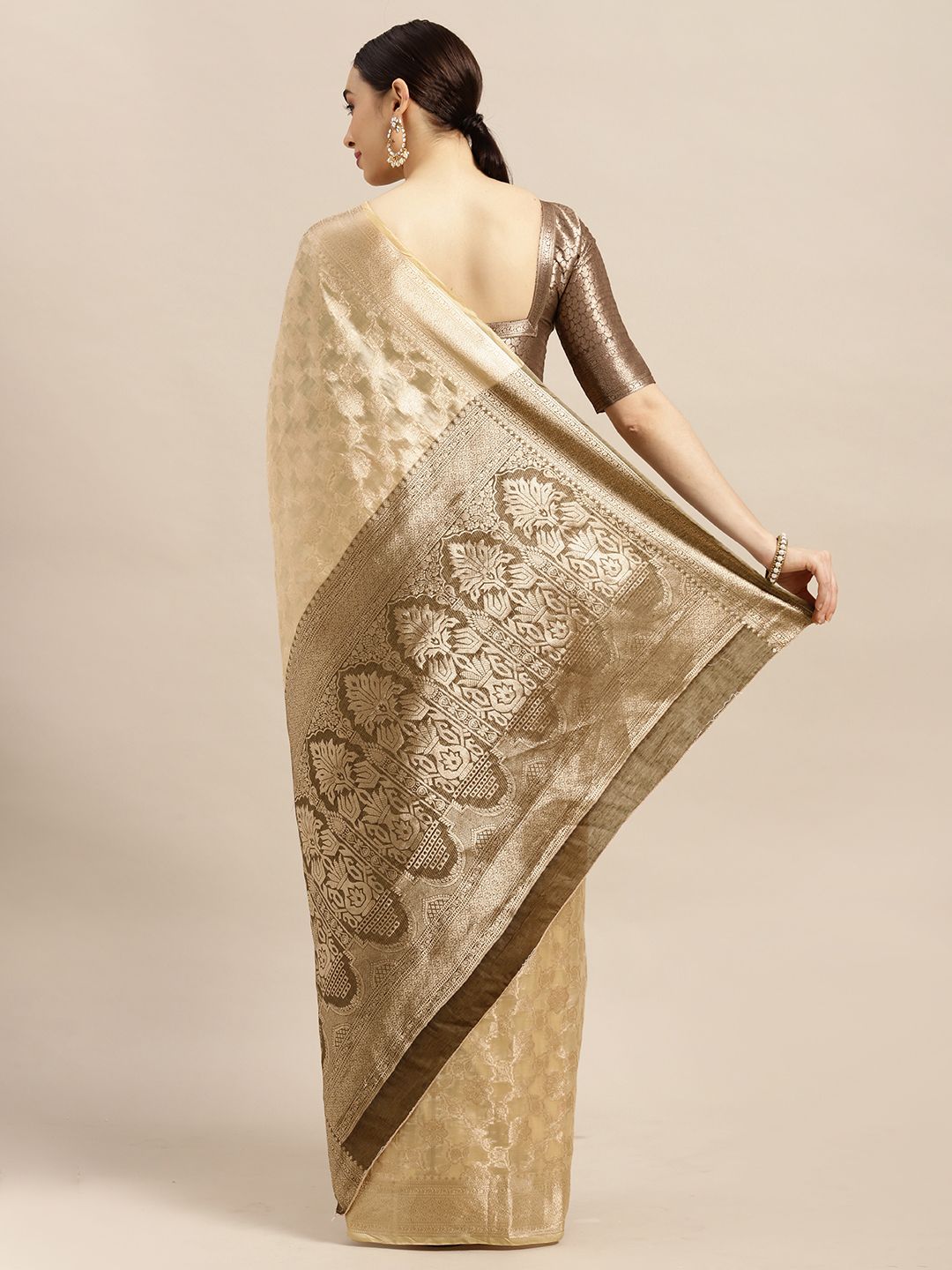 Saree mall Cream-Coloured Floral Silk Blend Banarasi Saree