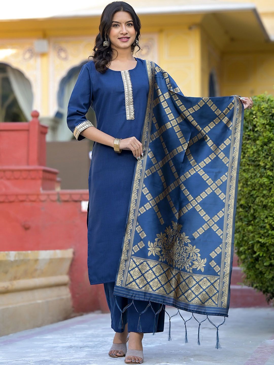 Vishudh Teal & Gold Toned Round Neck Regular Kurta with Palazzos & With Dupatta