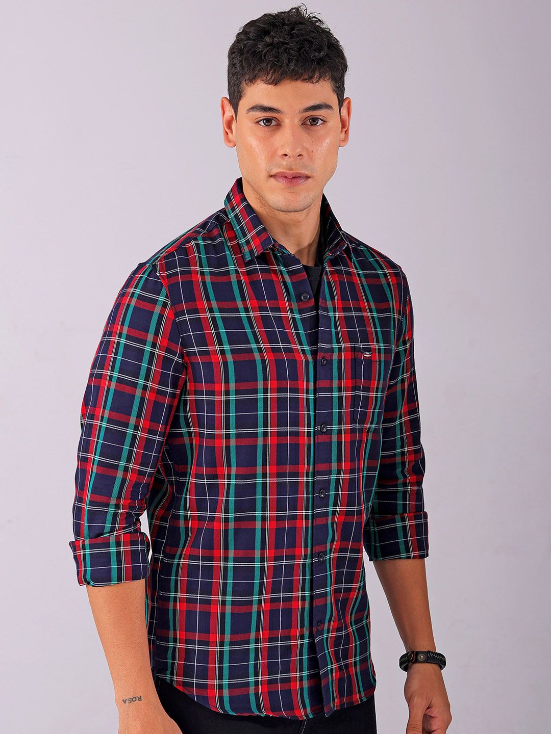 The Indian Garage Co Men Spread Collar Tartan Checked Cotton Slim Fit Casual Shirt