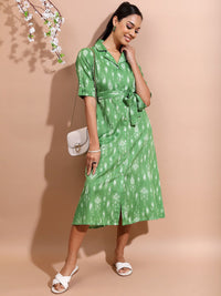 Vishudh Green Ethnic Motifs Printed Spread Collar Shirt Midi Dress