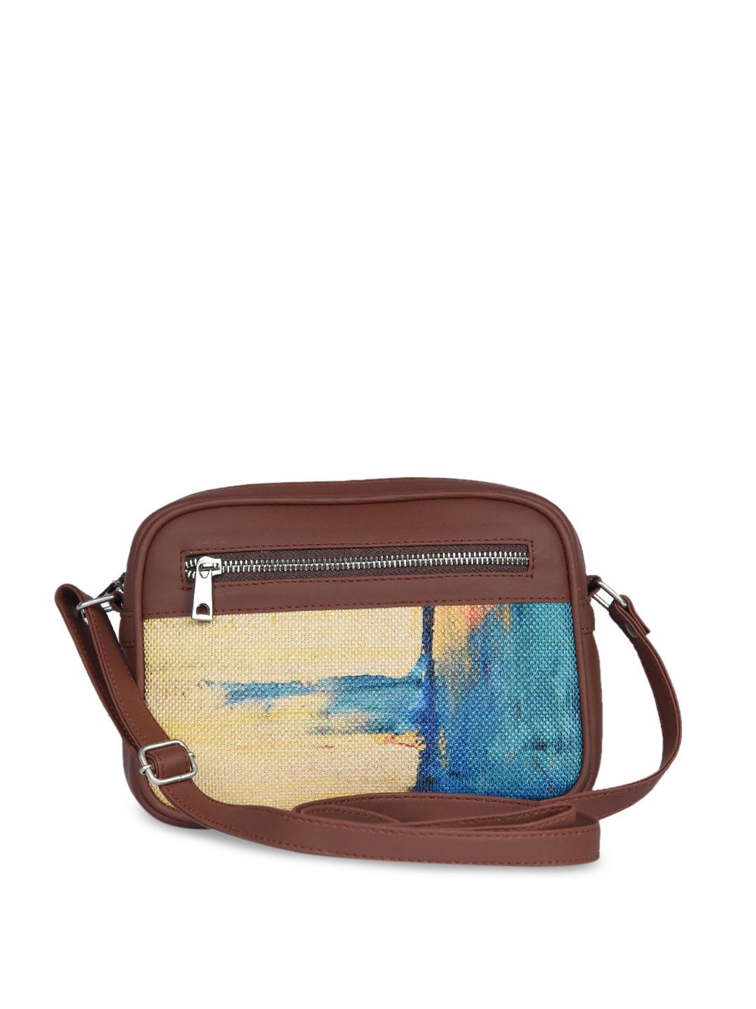 ZOUK Women Blue & Yellow Abstract Print Vegan Handcrafted Leather Sustainable Sling Bag