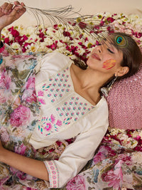 Indo Era Yoke Design Zari Pure Cotton Kurta With Trousers & Dupatta