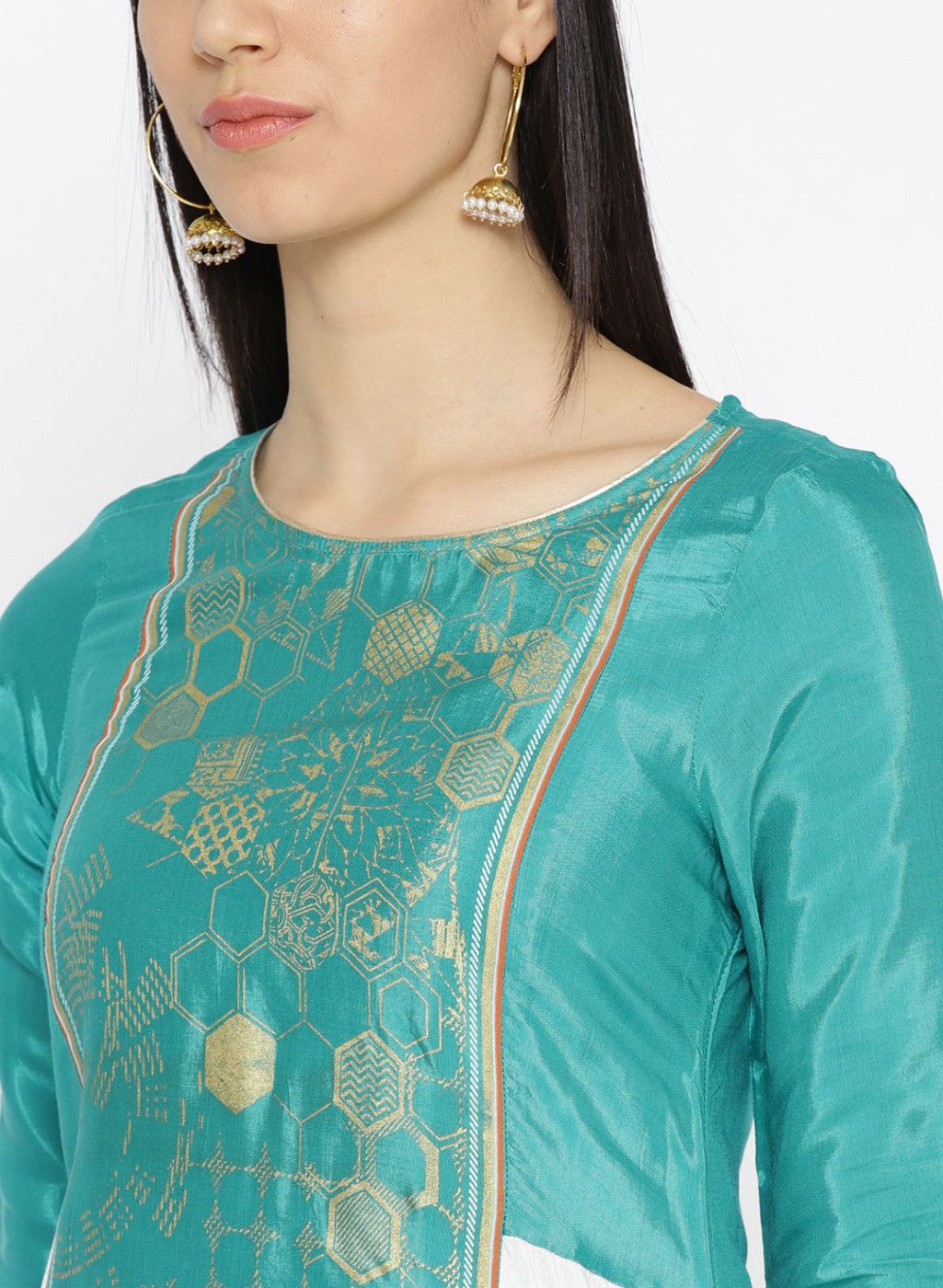Women Green & White Printed Colourblocked Straight Kurta