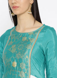 Women Green & White Printed Colourblocked Straight Kurta