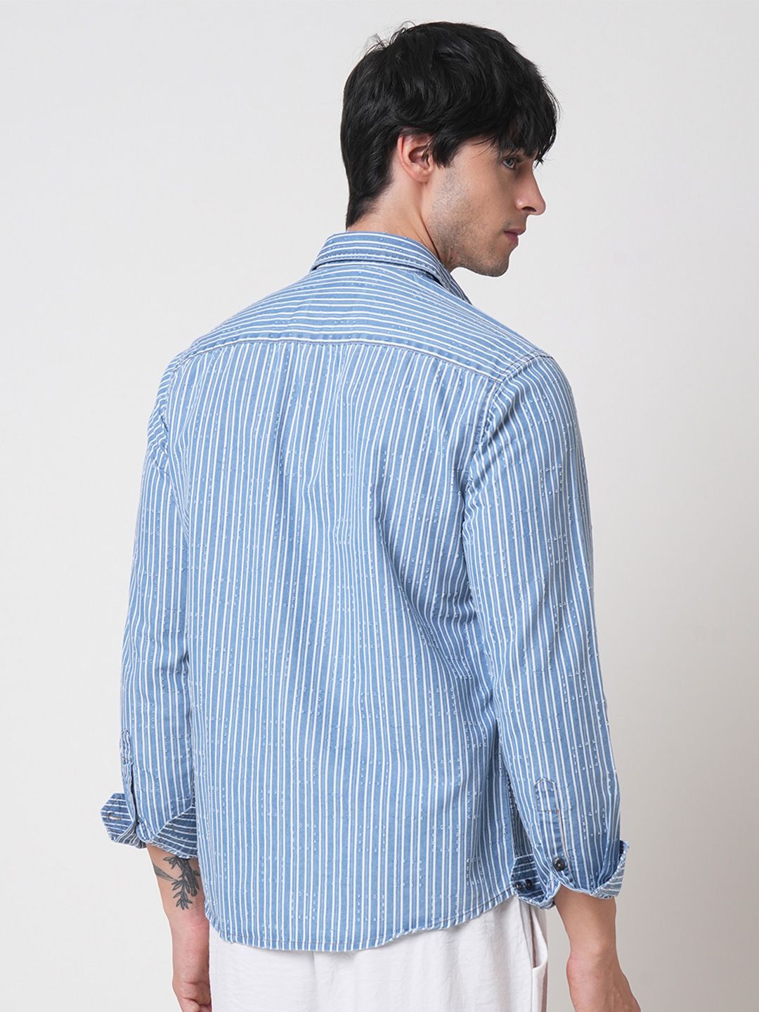 VASTRADO Men Classic Spread Collar Vertical Striped Pure Cotton Casual Shirt