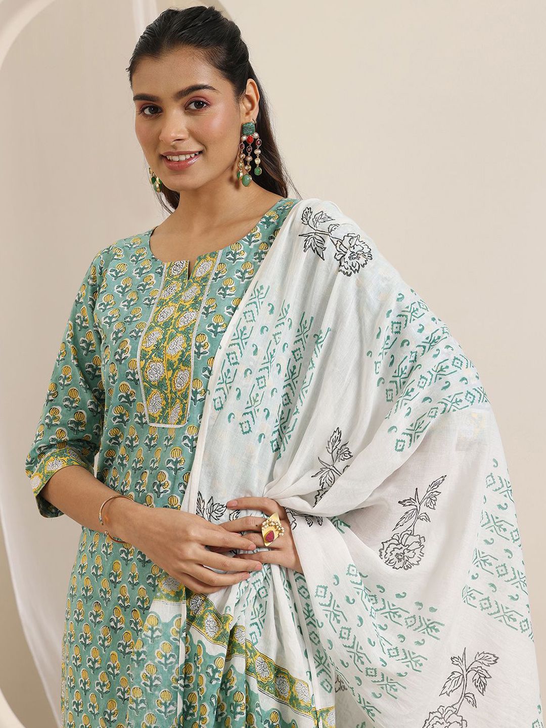 Libas Floral Printed Notch-Neck Straight Kurta With Palazzos And Dupatta
