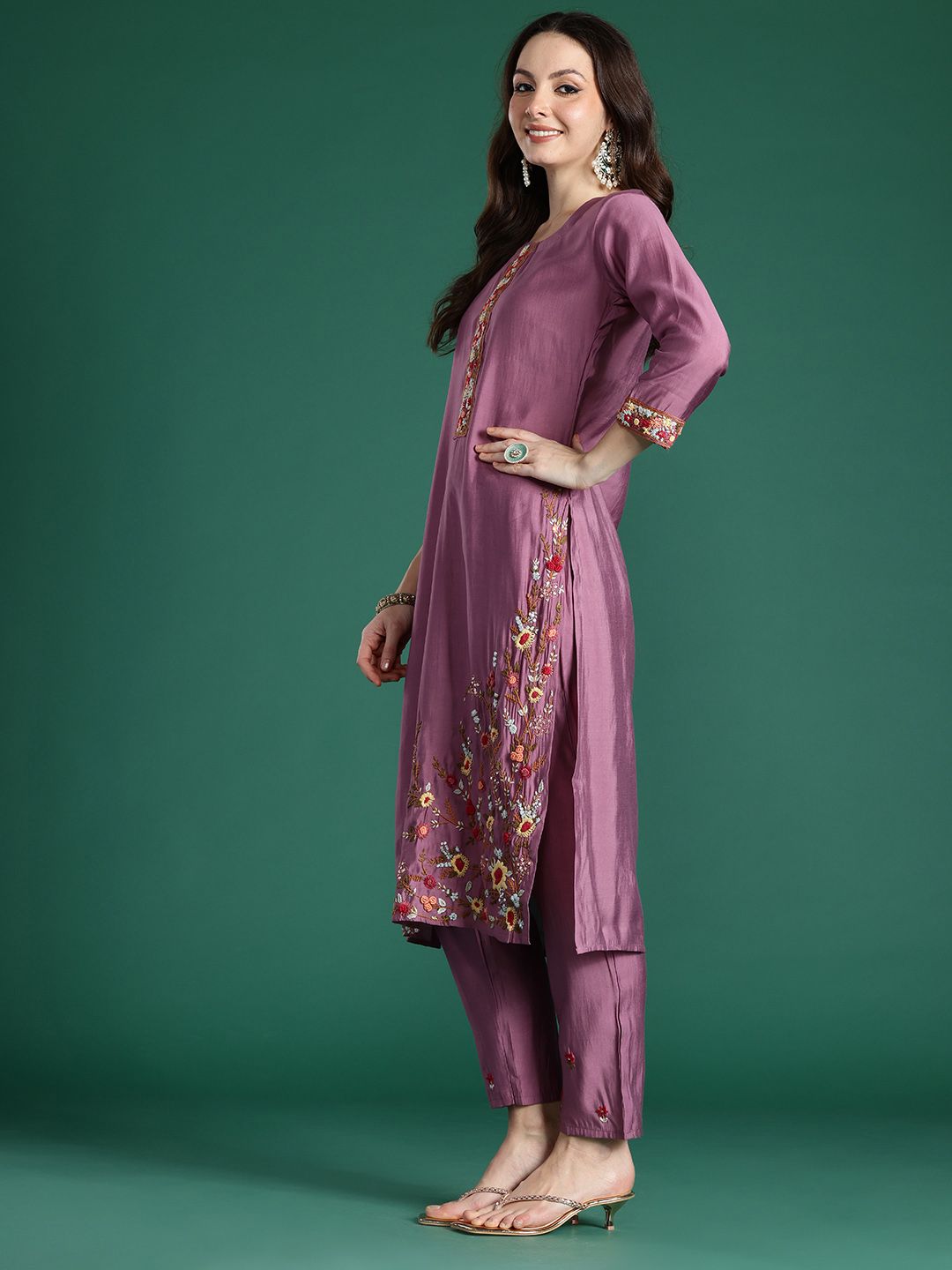 Indo Era Floral Embroidered Thread Work Kurta with Trousers & With Dupatta
