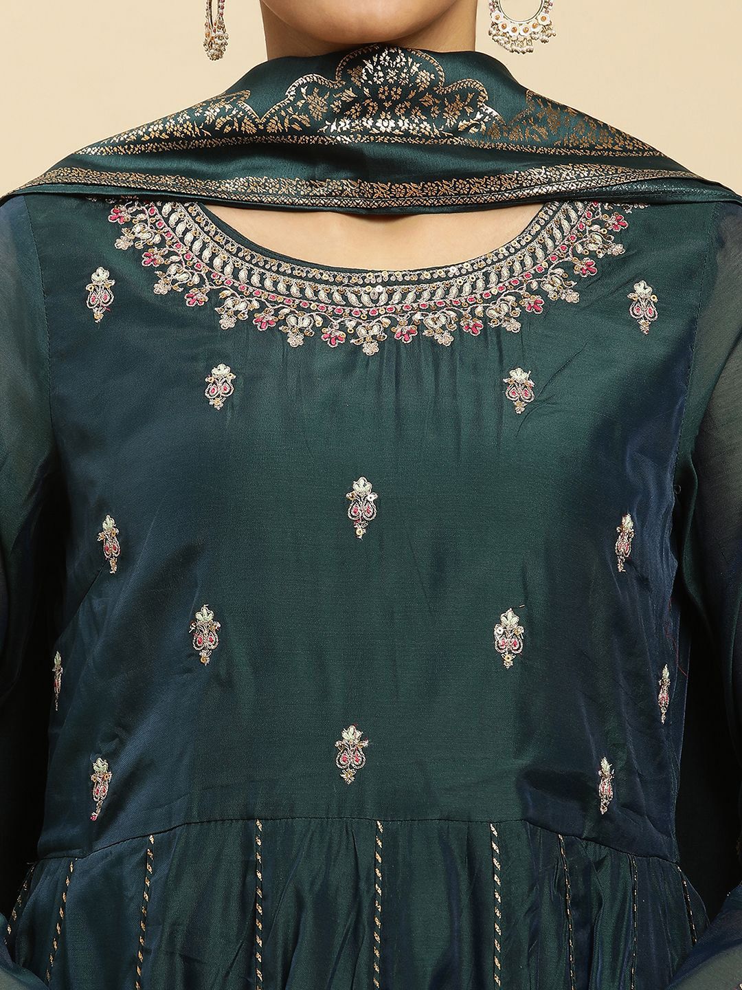W Ethnic Motifs Embroidered Round Neck Thread Work Anarkali Kurta With Trousers & Dupatta