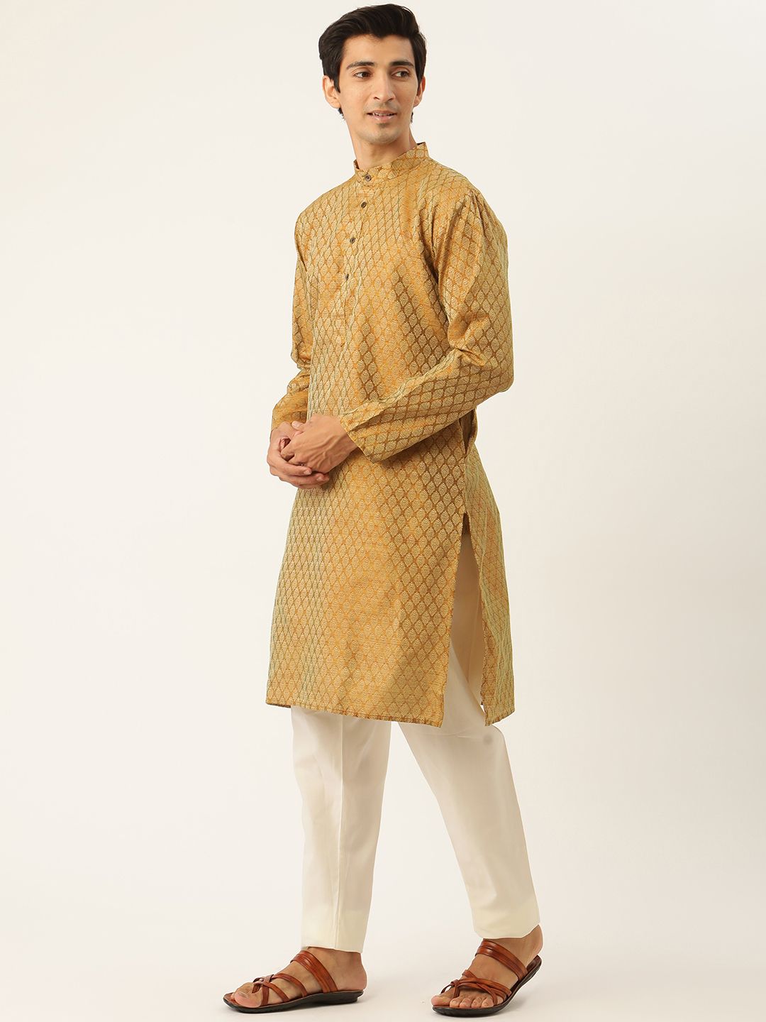 SOJANYA Men Mustard Yellow & Off-White Jacquard Kurta with Churidar & Nehru Jacket