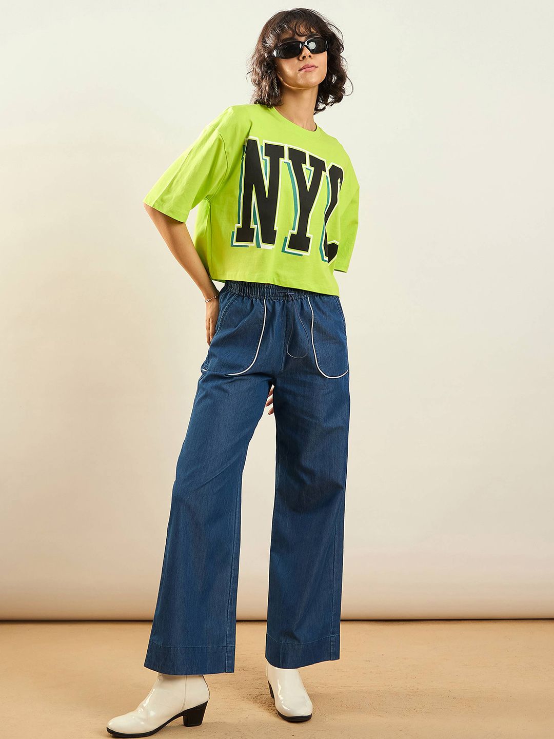 SASSAFRAS Green Typography Printed Round Neck Pure Cotton Oversized Crop T-shirt