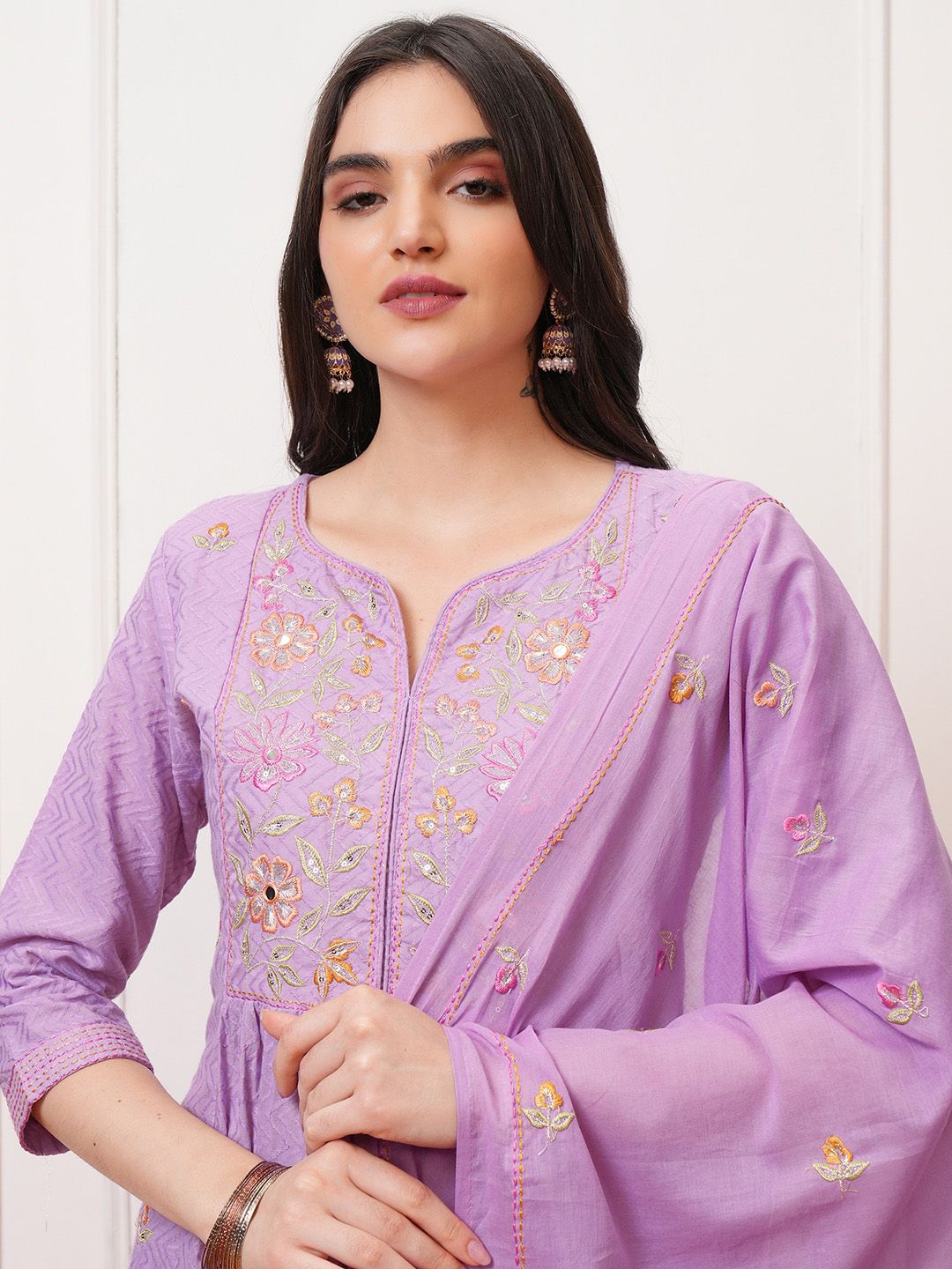 Vishudh Regular Thread Work Pure Cotton Kurta with Trouser & Dupatta