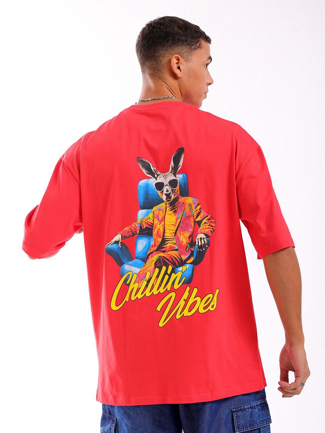 The Indian Garage Co Men Back Printed Pure Cotton Oversized Round Neck T-shirt