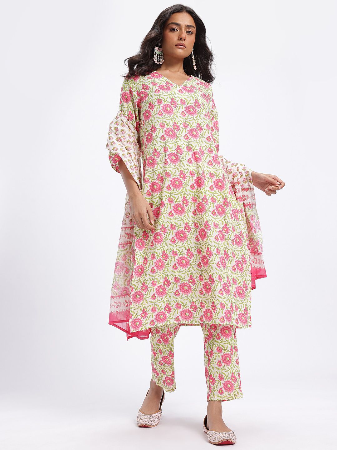 Anouk Floral Printed Pure Cotton Straight Kurta with Trousers & Dupatta