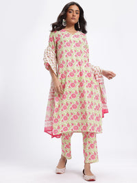 Anouk Floral Printed Pure Cotton Straight Kurta with Trousers & Dupatta