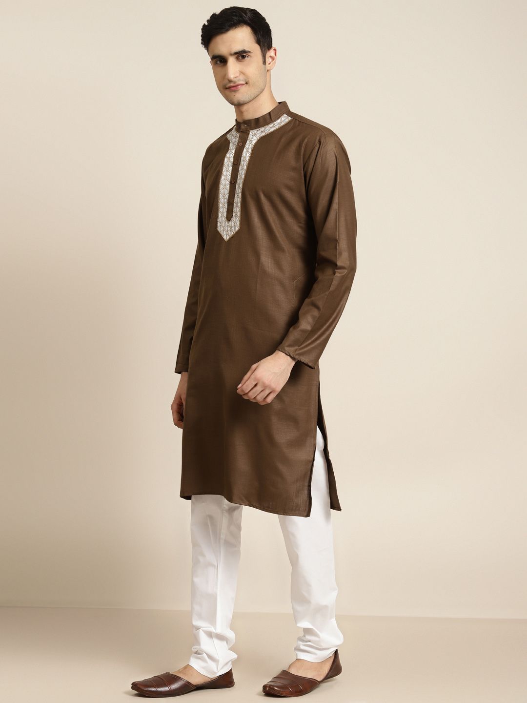 SOJANYA Men Olive Brown Solid Pure Cotton Kurta