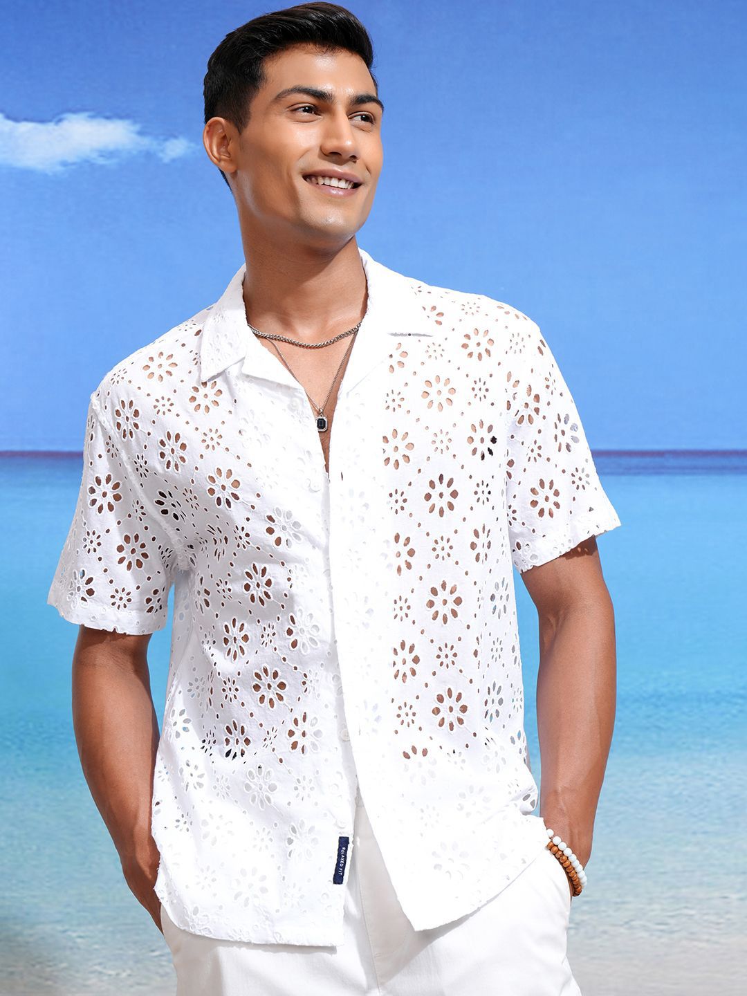 Highlander Men Solid Hakoba Schiffli Cuban Collar Relaxed Shirt