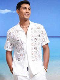 Highlander Men Solid Hakoba Schiffli Cuban Collar Relaxed Shirt