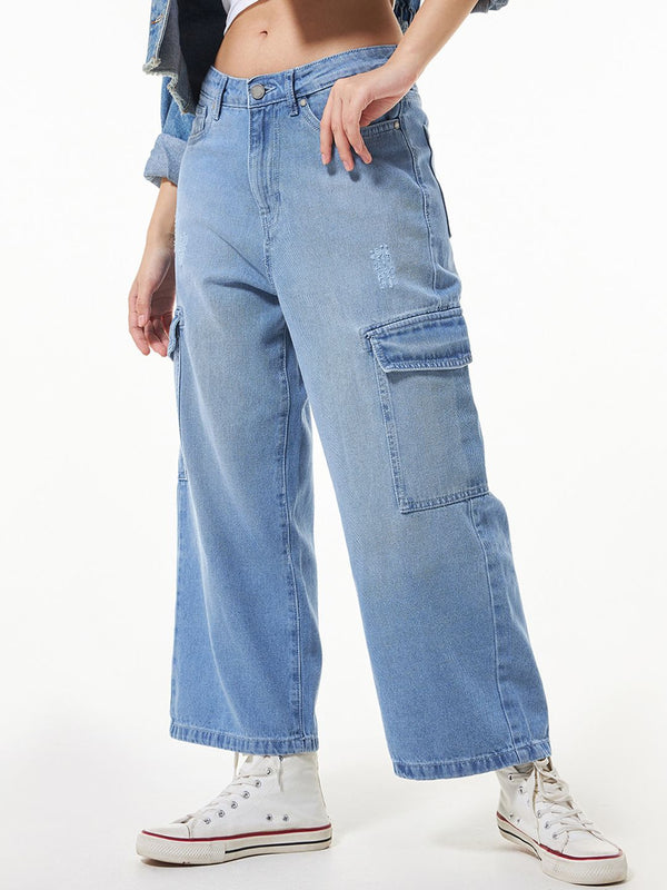 Bewakoof Women Straight Fit High-Rise Low Distressed Light Fade Cotton Cargo Jeans