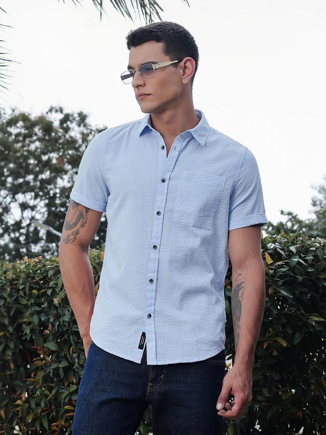 Thomas Scott Men Classic Slim Fit Seersucker Casual Shirt