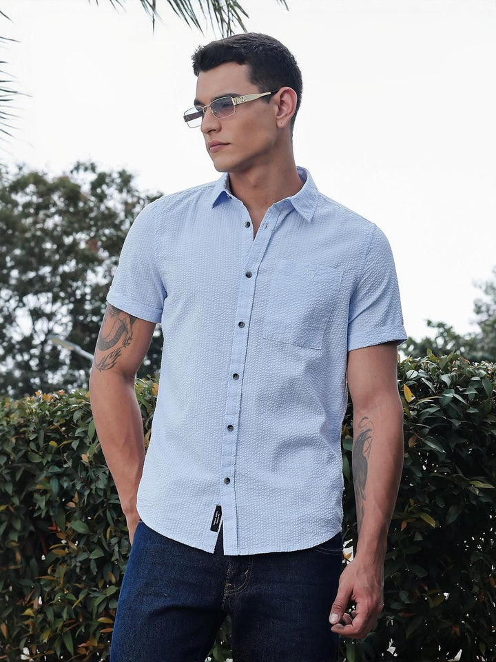 Thomas Scott Men Classic Slim Fit Seersucker Casual Shirt