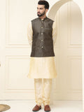 SOJANYA Mandarin Collar Zari Silk Cotton Straight Kurta dengan Piyama & jaket Nehru