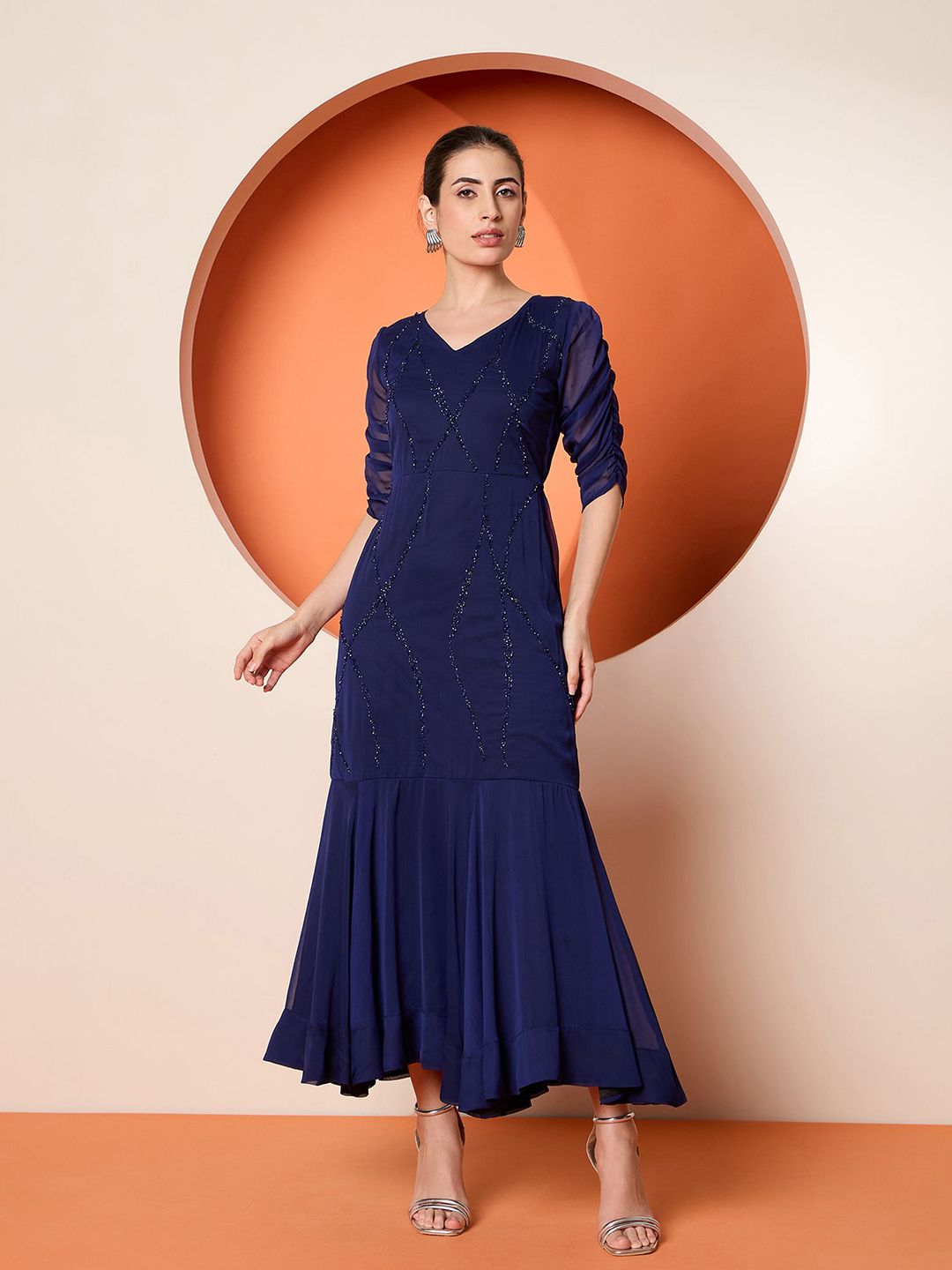 Antheaa Women Embellished Chiffon Three-Quarter Sleeves Maxi Dress
