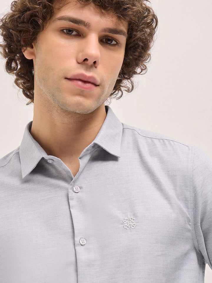 THE BEAR HOUSE Men Spread Collar Textured Solid Cotton Tailored Fit Formal Shirt
