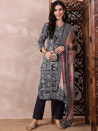 KALINI Geometric Printed Thread Work Straight Kurta with Trousers & Dupatta