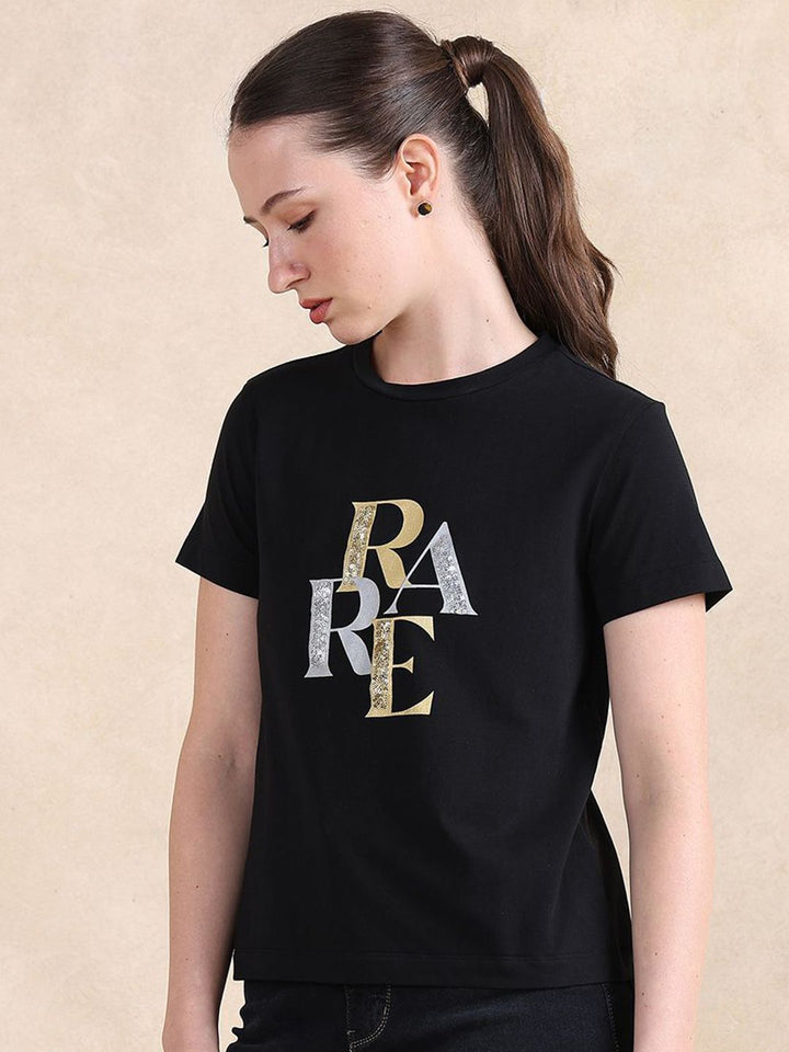 Rareism Wanita tipografi dicetak t-shirt kapas leher bulat