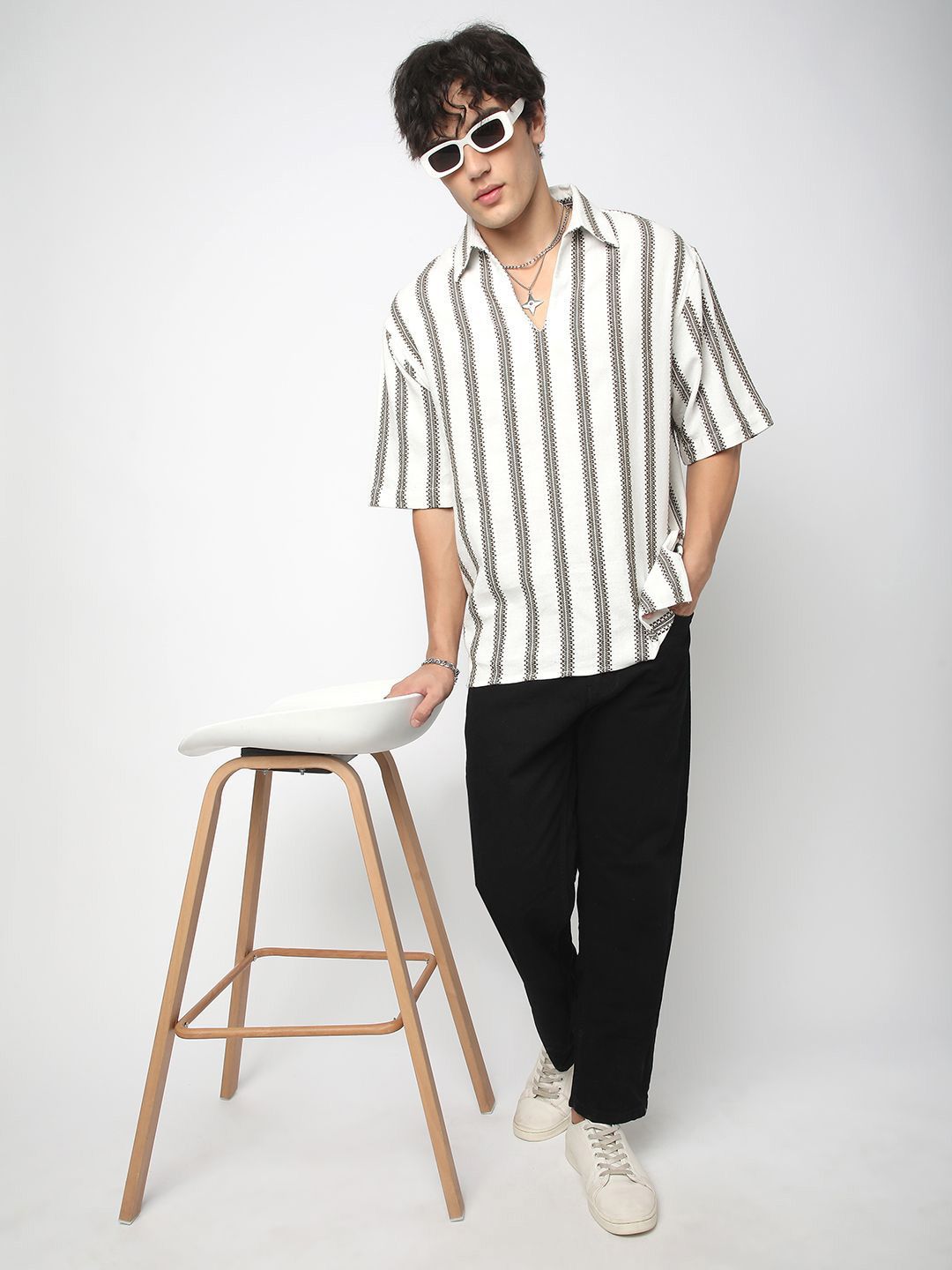 VASTRADO Men Classic Vertical Stripes Self Design Cotton Oversized Casual Shirt