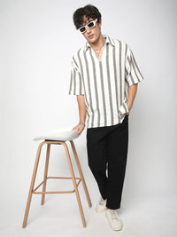 VASTRADO Men Classic Vertical Stripes Self Design Cotton Oversized Casual Shirt