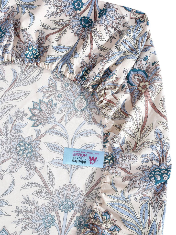 Myntra Elegant Homes Blue & Beige Floral Printed Set Cadar King 300 TC 2.5 m x 2.25 m
