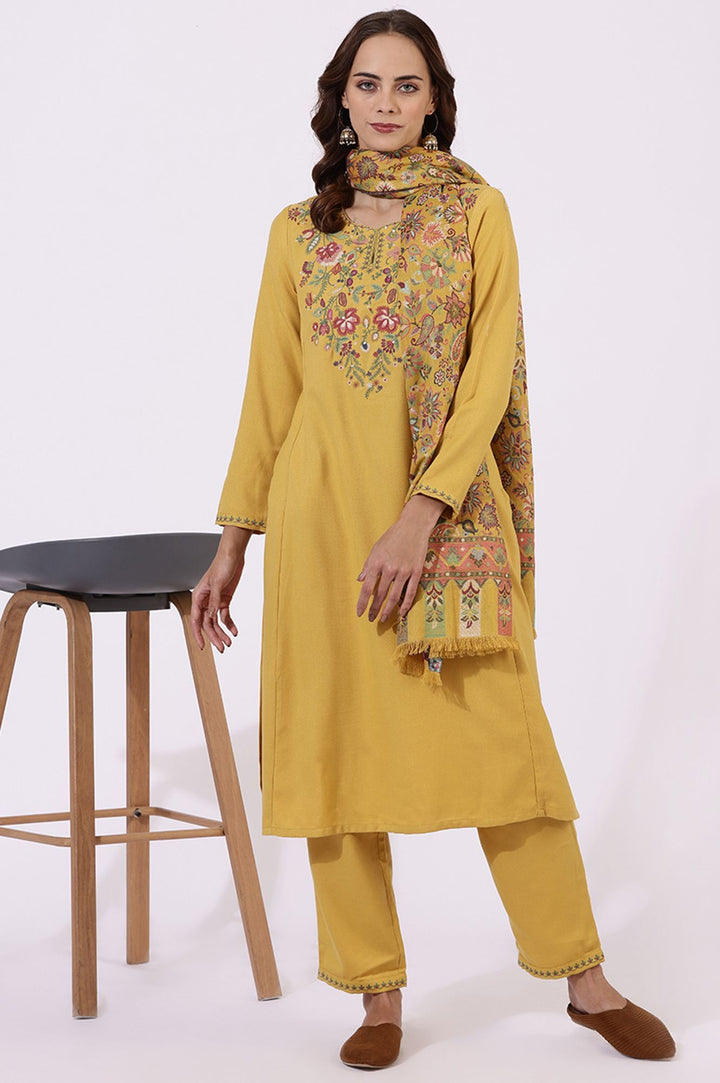 W Floral Embroidered Sequinned V-Neck A-Line Kurta With Trousers & Dupatta