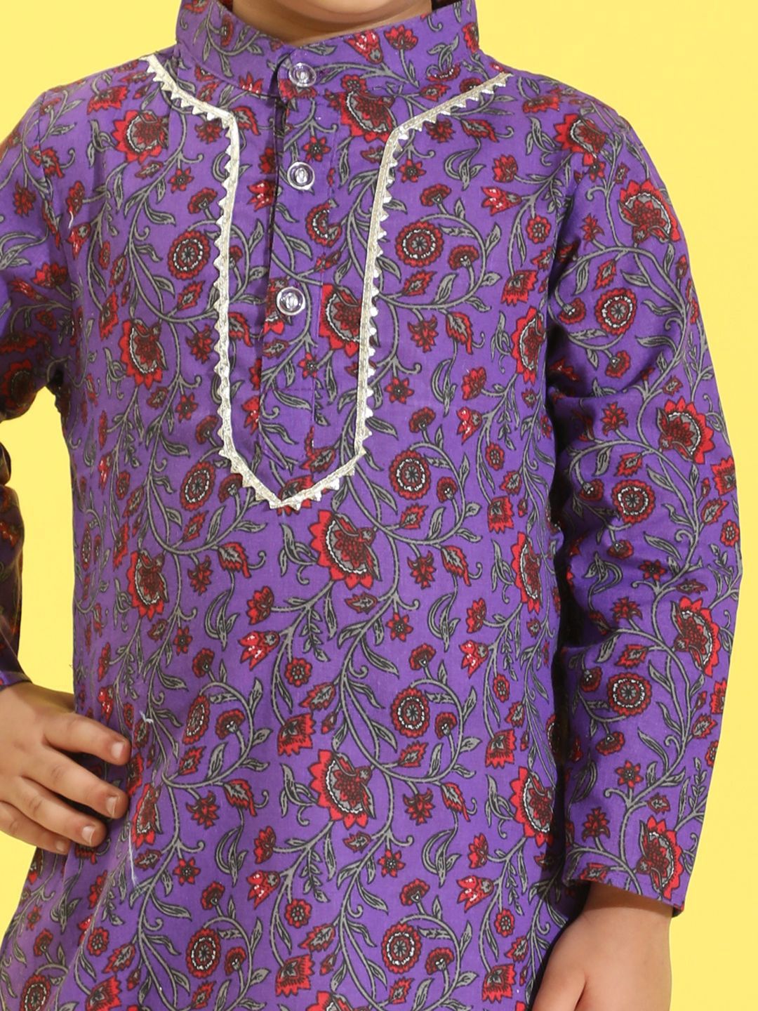 Cutiekins Boys Floral Printed Band Collar Straight Kurta With Pyjamas