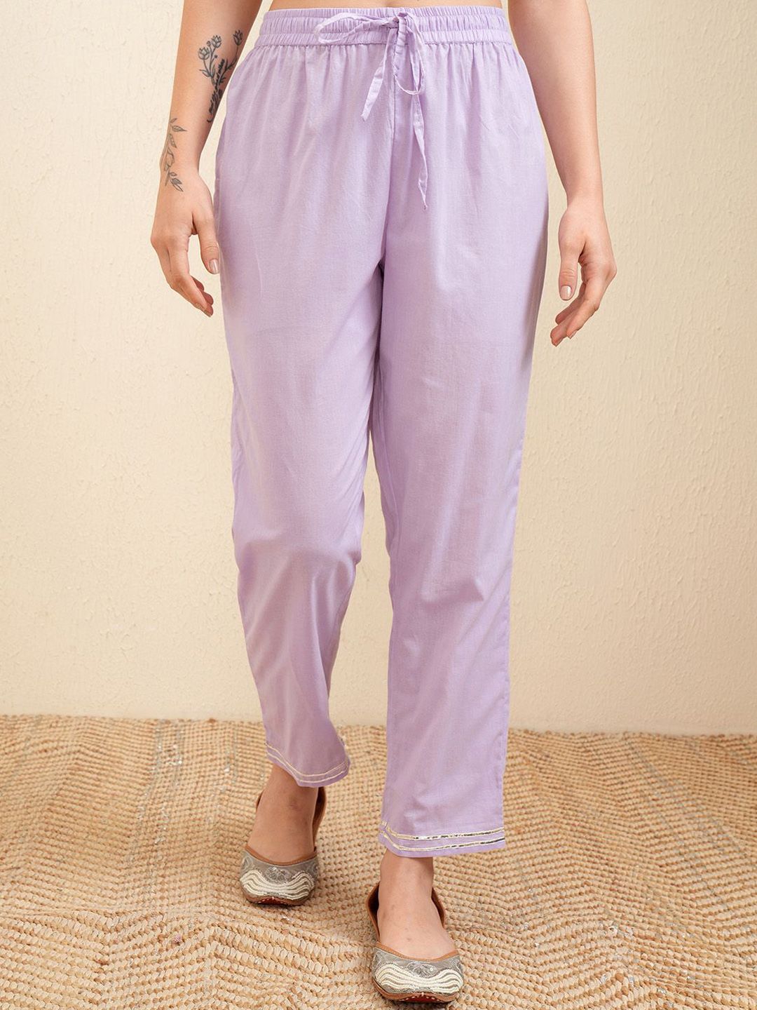 Vishudh Lavender Embroidered Pure Cotton Straight Kurta With Trousers & Dupatta