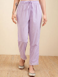 Vishudh Lavender Embroidered Pure Cotton Straight Kurta With Trousers & Dupatta