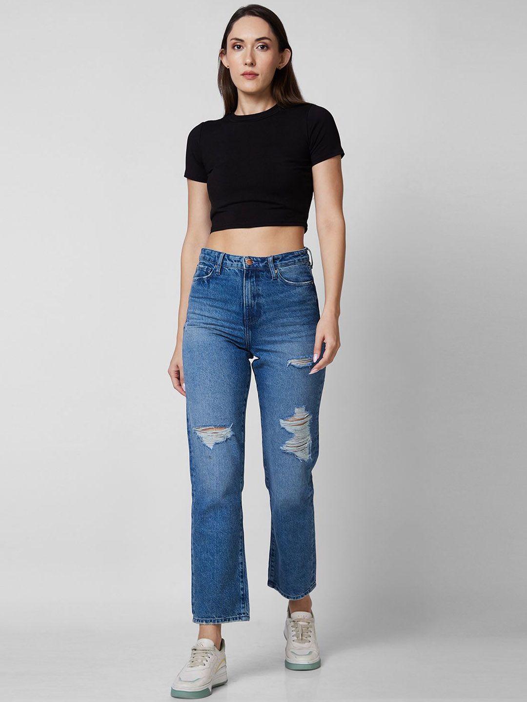 SPYKAR Women Straight Fit High-Rise Mildly Distressed Light Fade Stretchable Jeans
