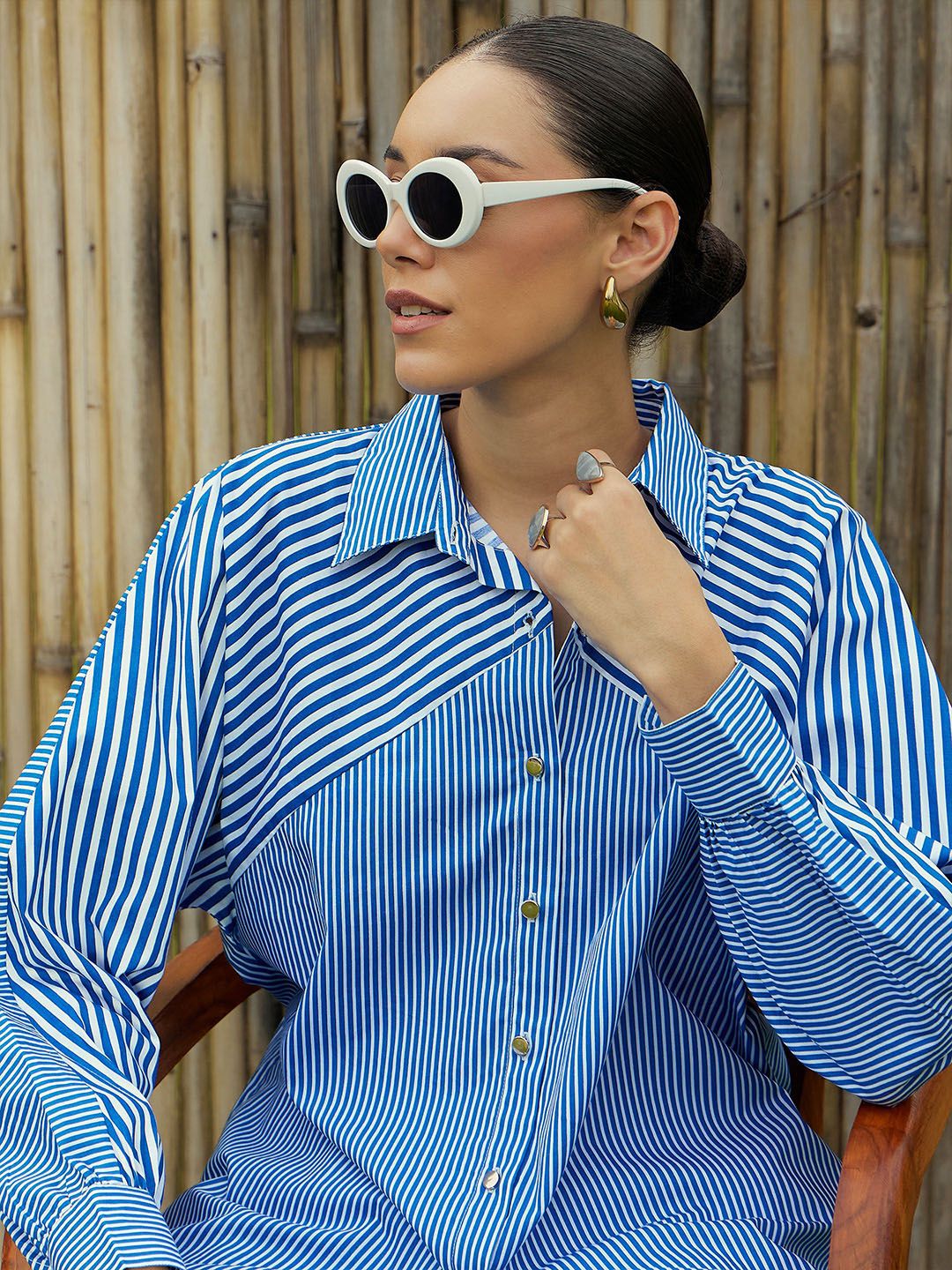 Pink Paprika by SASSAFRAS Women Vertical Striped Cotton Oversized Casual Shirt