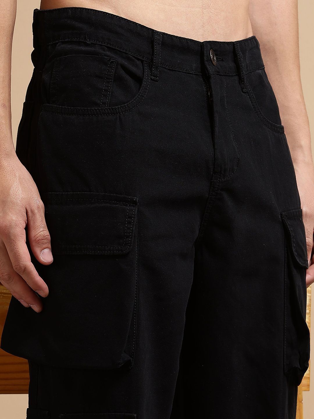 Eszett Men Black High-Rise Baggy Seluar Mudah Dicuci Cargos