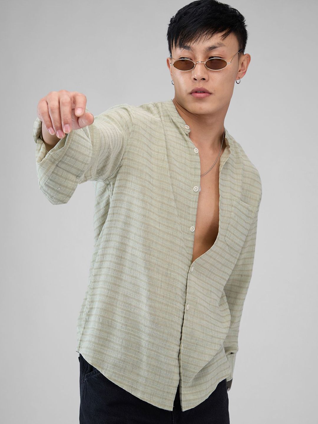 VASTRADO Men Classic Band Collar Horizontal Striped Cotton Casual Shirt