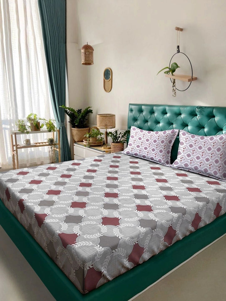 Myntra Elegant Homes Grey & Maroon Geometric 400 TC King Bedsheet with 2 Pillow Covers