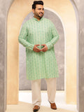 SOJANYA PLUS Ethnic Motifs Printed Band Collar Cotton Linen Straight Kurta With Pyjama