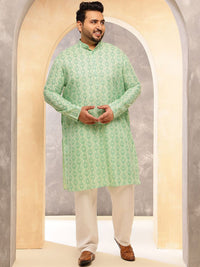 SOJANYA PLUS Ethnic Motifs Printed Band Collar Cotton Linen Straight Kurta With Pyjama