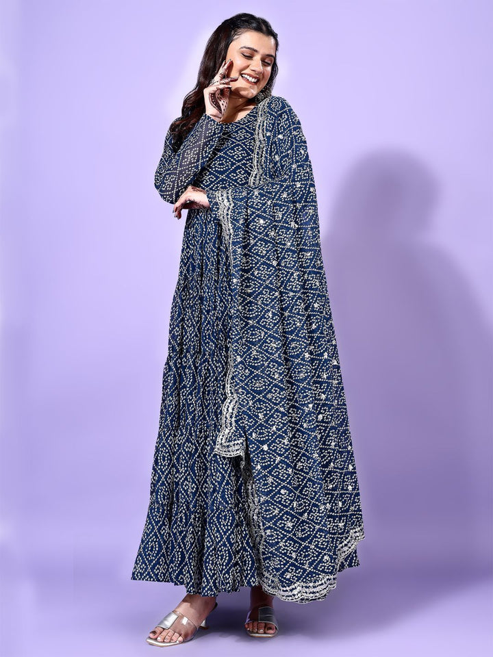 KALINI Bandhani Printed Tiered Georgette Anarkali Kurta With Trouser & Dupatta