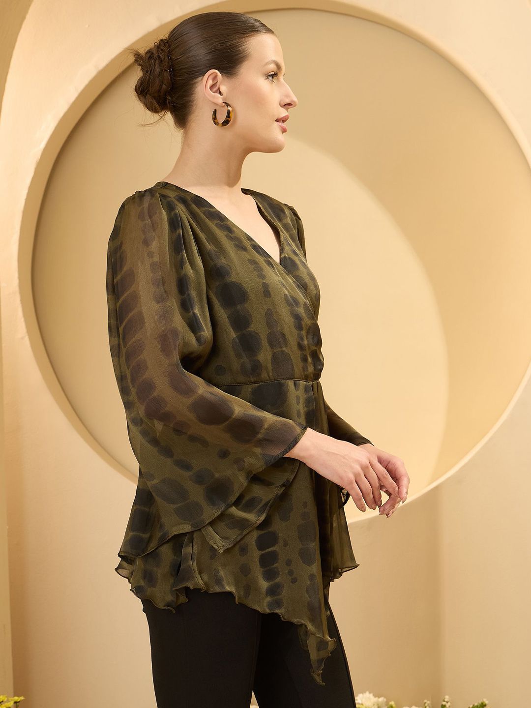 Antheaa Tie & Dye Flared Sleeves Satin Wrap Top with Asymmetric Hem
