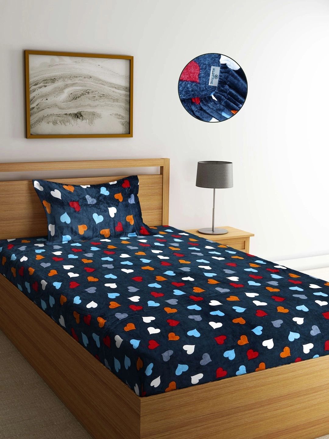Myntra Elegant Homes Navy Blue Fitted 300 TC Wool Single Bedsheet with 1 Pillow Covers