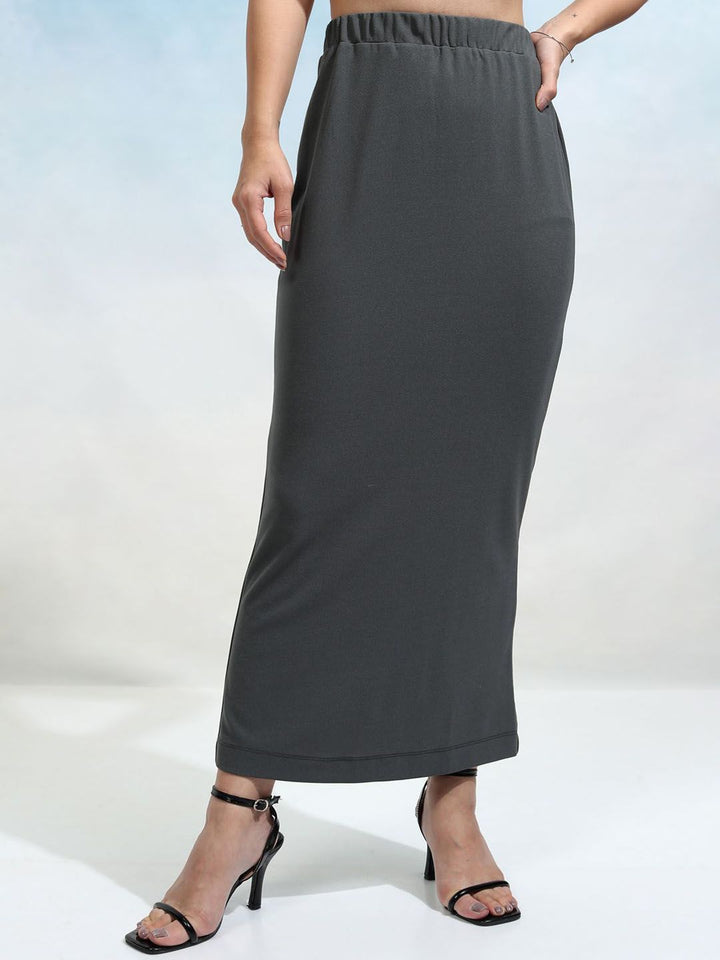 Tokyo Talkies Grey Round Neck Sleeveless Buttondown Blazer With Skirt