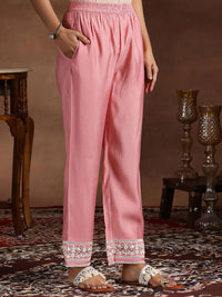 Libas Floral Yoke Design Notch Neck Thread Work Straight Kurta With Trousers & Dupatta
