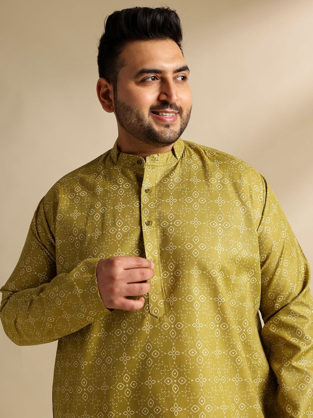 SOJANYA PLUS Ethnic Motifs Printed Mandarin Collar Straight Cotton Linen Kurta